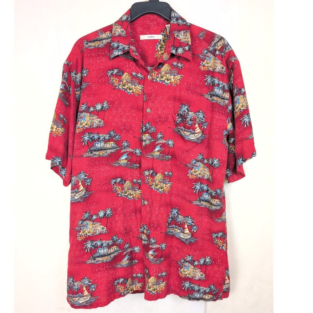 Campia Moda tropical tiki Woody Truck Hawaiian shirt Med Red Vaca Resort Retro